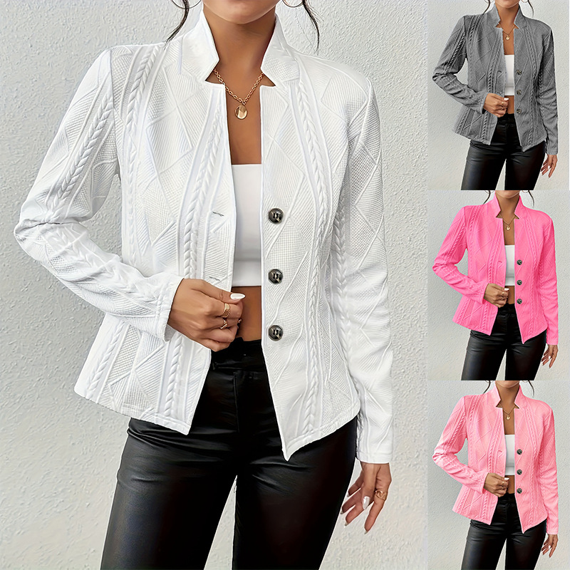 Women Formal Wear Stitching - 秋冬新作 レディース テクスチャードボタンフロントブレザー スタンドカラー 長袖 オフィスにもカジュアルにも使えるスーツジャケット