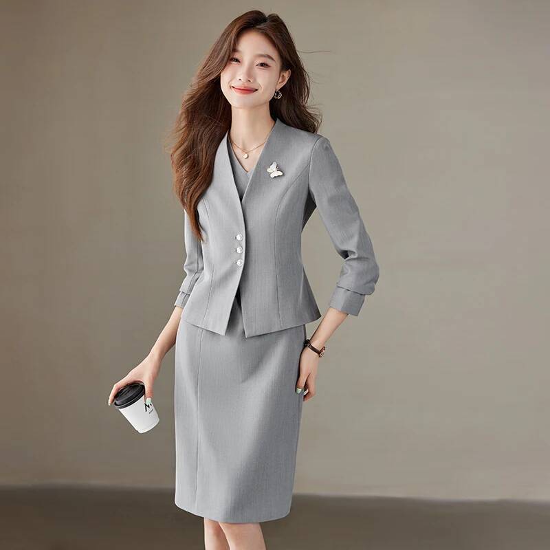 Women Formal Wear Stitching - フォーマルな女性用ブレザー、ビジネスオフィスワークウェア、ブレザーとドレスのOLスタイル、プロフェッショナルなキャリア面接用衣装セット