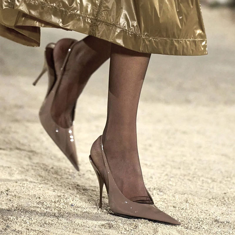 Slingback Heel Formal - エレガントなヌードグロスパテントレザーのスリングバックパンプス、女性用シャープポインテッドトゥ、細いスティレットヒール、ウェディング、イブニングパーティー、フォーマルヒール