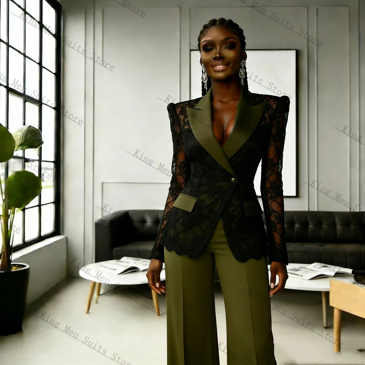 Women'S Green Formal Wear - グリーンブラックレース女性スーツセット 2 個ブレザー + パンツズボン秋春カスタマイズされたフォーマルゲスト結婚式タキシードコートジャケット