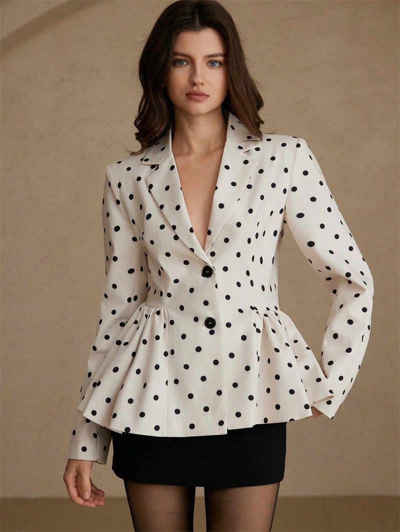 Women Formal Wear Black And White - ホワイトブラックドット女性スーツブレザーエレガント1ピースフルスリーブジャケットコートフォーマルオフィスレディ結婚式誕生日イブニング衣装
