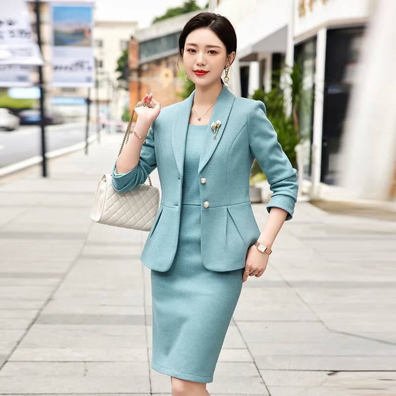 Women Formal Wear Stitching - 高品質生地のフォーマルなプロフェッショナル女性用ビジネススーツ、ブレザーコートとドレス付き、OLスタイルのレディースオフィスワークウェアセット