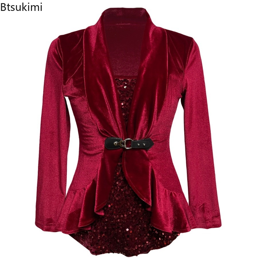 Women Formal Wear Stitching - 2026年新作レディースファッションセクシーなスパンコールコントラストブラウスジャケット女性用フォーマルウェア長袖ボタンラペル付きトップスルーズカジュアルレディーストップス