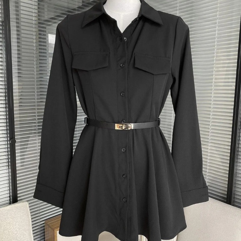 Women Formal Wear Stitching - レディース ブラック シャツドレス 長袖 ベルト付き シャツドレス
