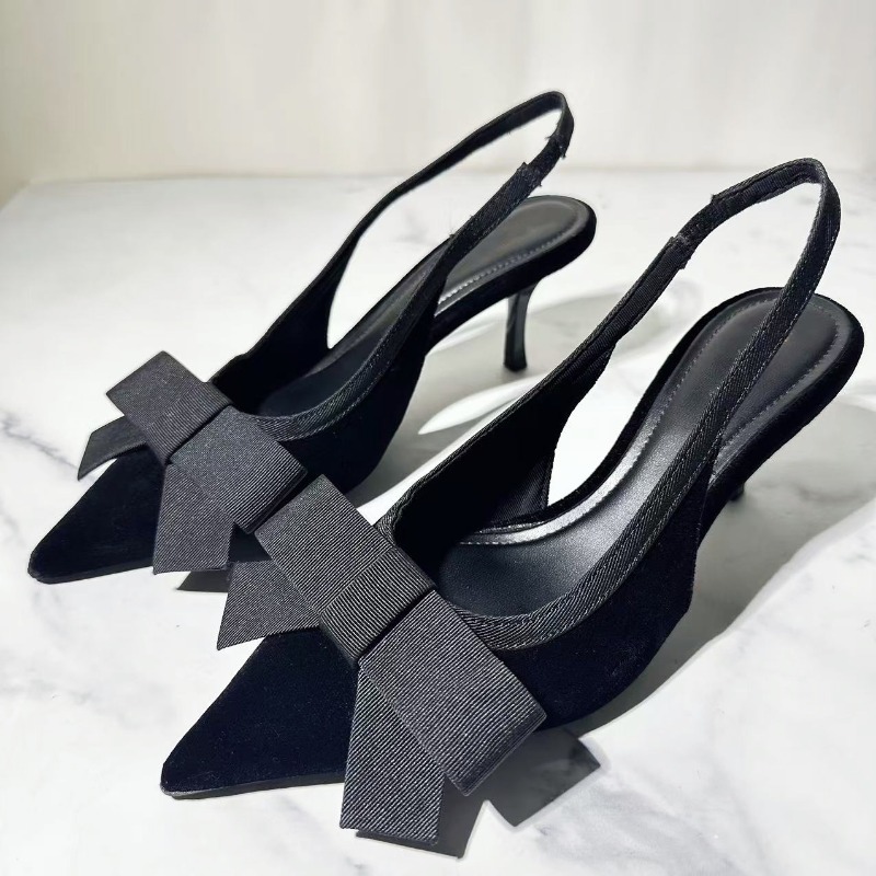 Slingback Heel Formal - 女性用の黒の先のとがったつま先のスリングバックパンプス、細いヒール、閉じた弓、エレガントなハイヒール、フォーマルな仕事、パーティー