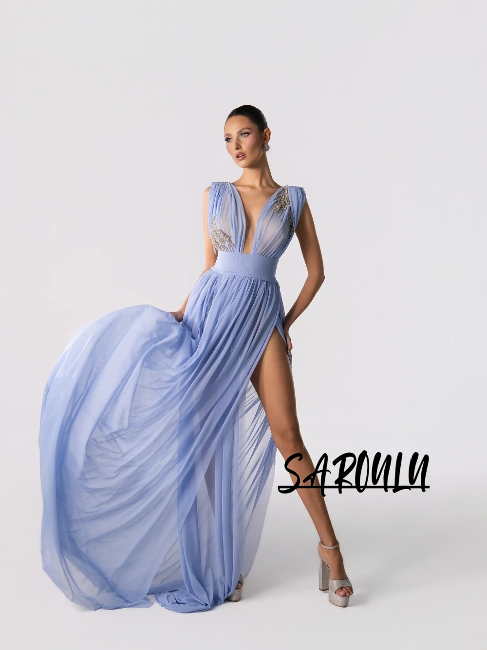 Formal Gala Wear Women - ライトブルーのセクシーなディープVネックイブニングドレス2026シフォンハイ スリットフロア丈プロムガウンビーズ装飾フォーマルパーティーガラス女性用ウェア