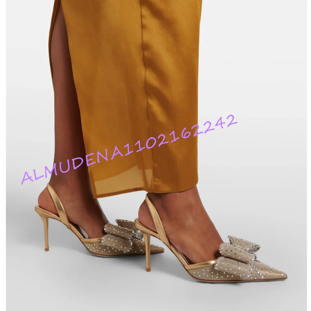 Slingback Heel Formal - 女性用シャンパンメッシュラインストーンボウスリングバックパンプス、ポインテッドトゥスティレットハイヒール、キラキラバックストラップフォーマルドレスサンダル