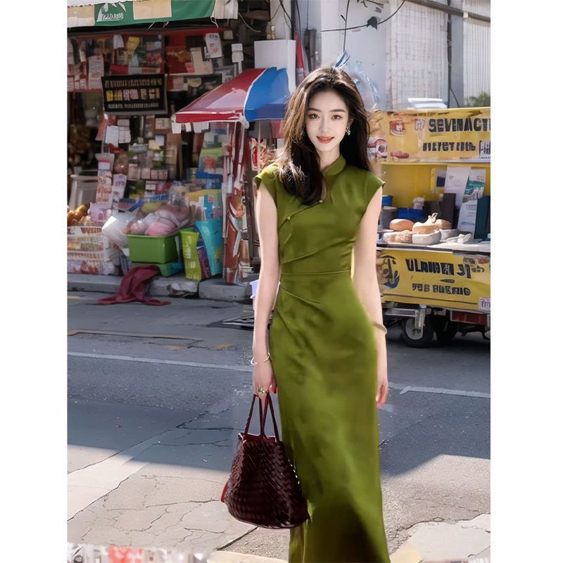 Women'S Green Formal Wear - 2024 新グリーン中国風のチャイナヴィンテージ S に XXL ノースリーブ袍女性エレガントなイブニングロングドレス高品質