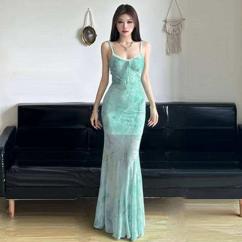 Women'S Green Formal Wear - 夏のビーチロングドレス女性レースメッシュパッチワークスリムフィットマーメイドドレス甘いリボンプリントグリーンノースリーブセクシーなキャミソールドレス