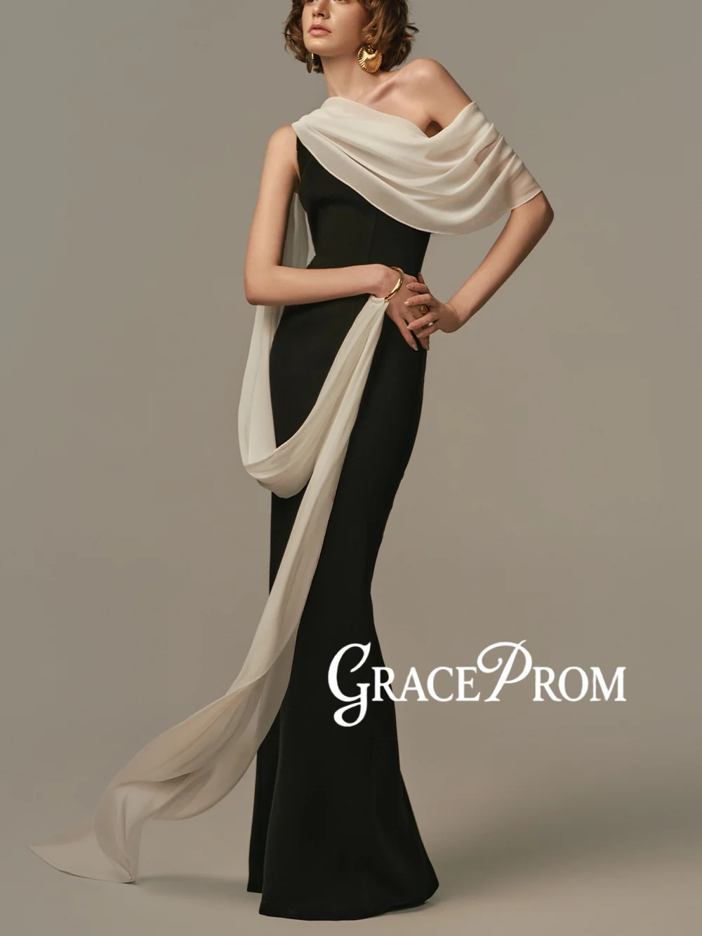 エレガントなツートーンのイブニングドレスシンプルなワンショル - Formal Gala Wear Women のレビューと価格