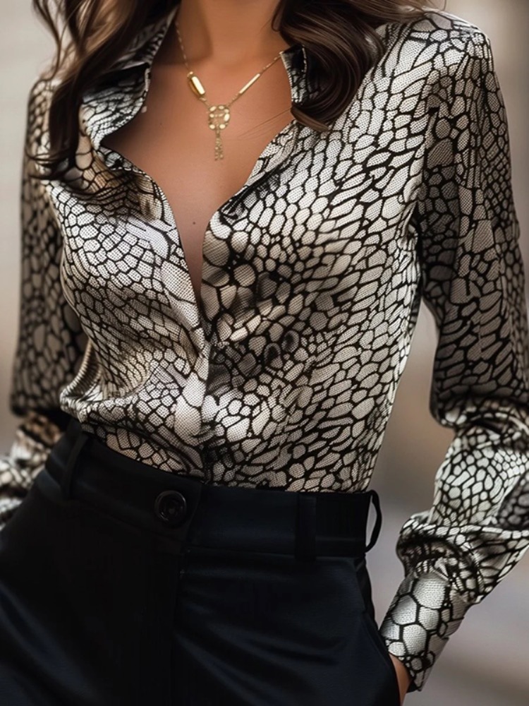 レディースヴィンテージクロコダイル柄サテンブラウス、ポイント - Women Formal Wear Stitching のレビューと価格