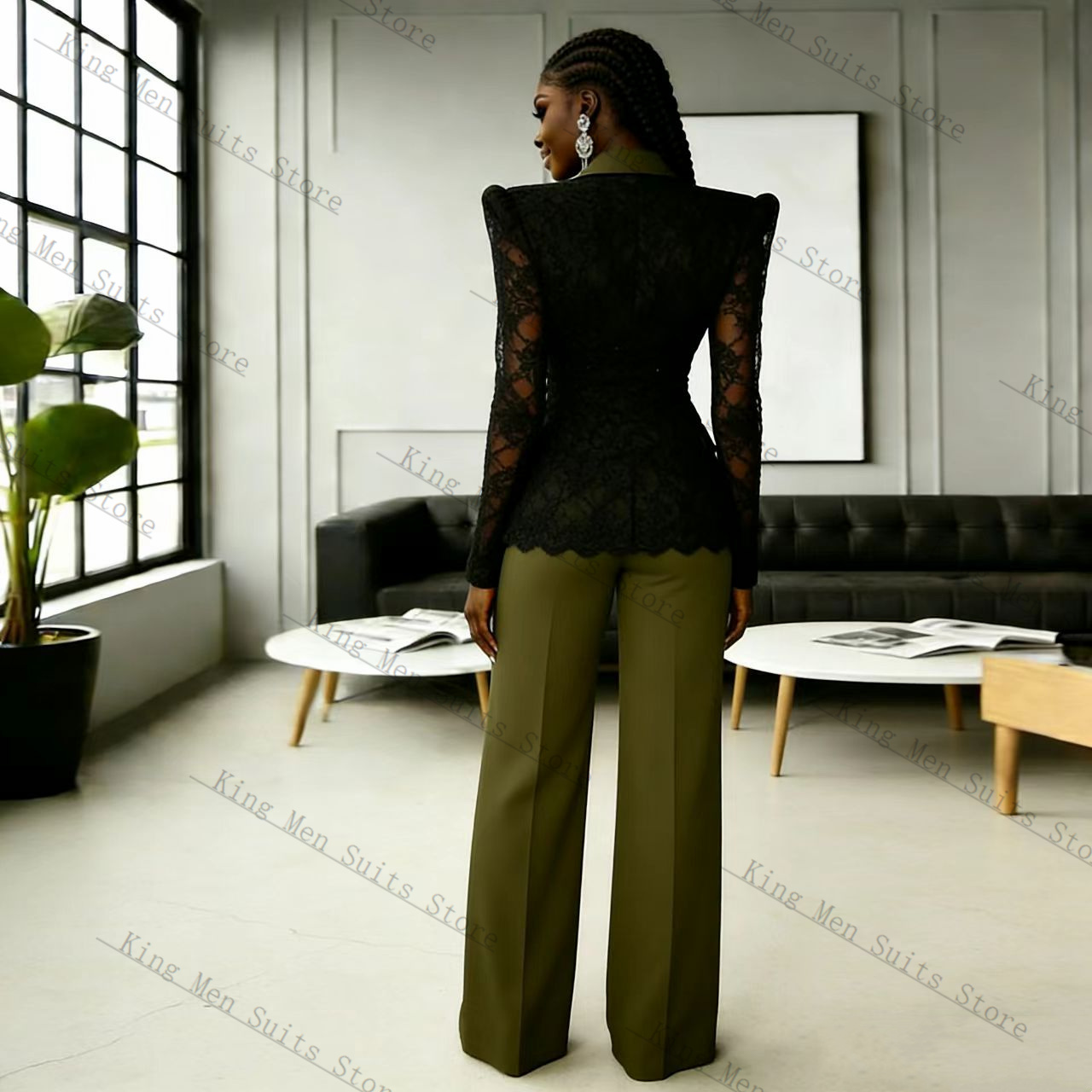 グリーンブラックレース女性スーツセット 2 個ブレザー +  - Women'S Green Formal Wear のレビューと価格