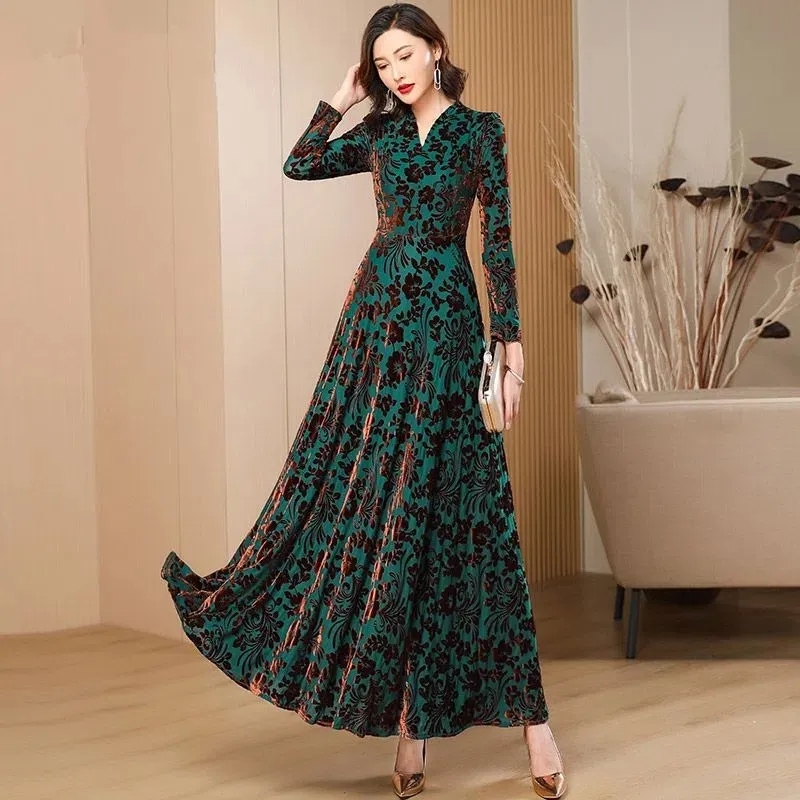 春秋の新ゴールドベルベット長袖ドレス女性のためのハイグレード - Women'S Green Formal Wear のレビューと価格