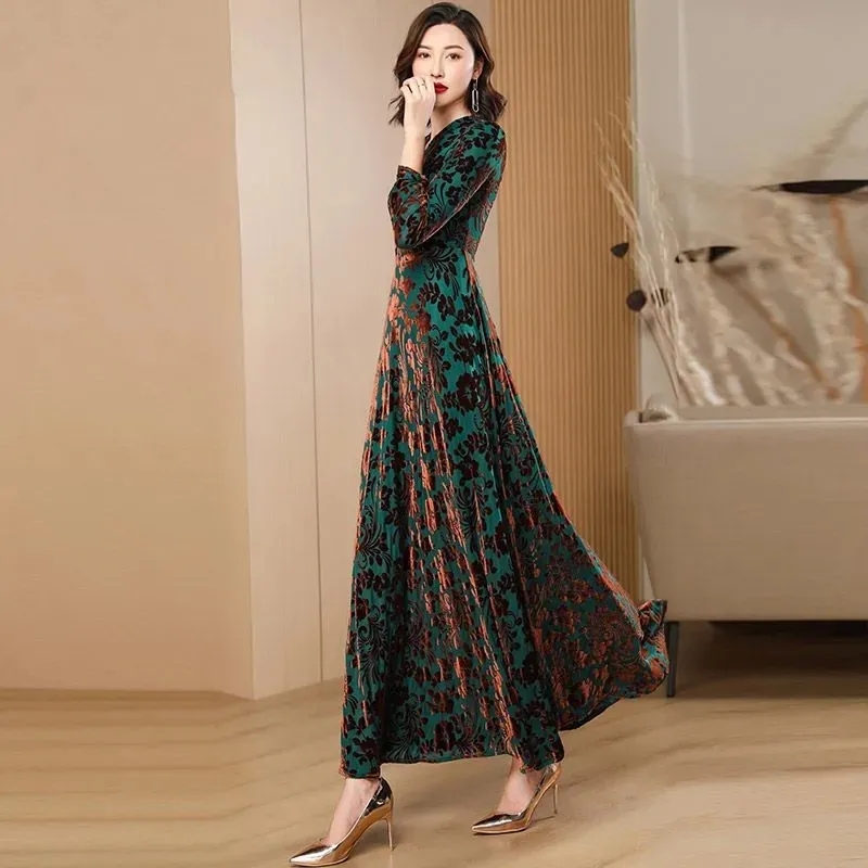 春秋の新ゴールドベルベット長袖ドレス女性のためのハイグレード - Women'S Green Formal Wear のレビューと価格