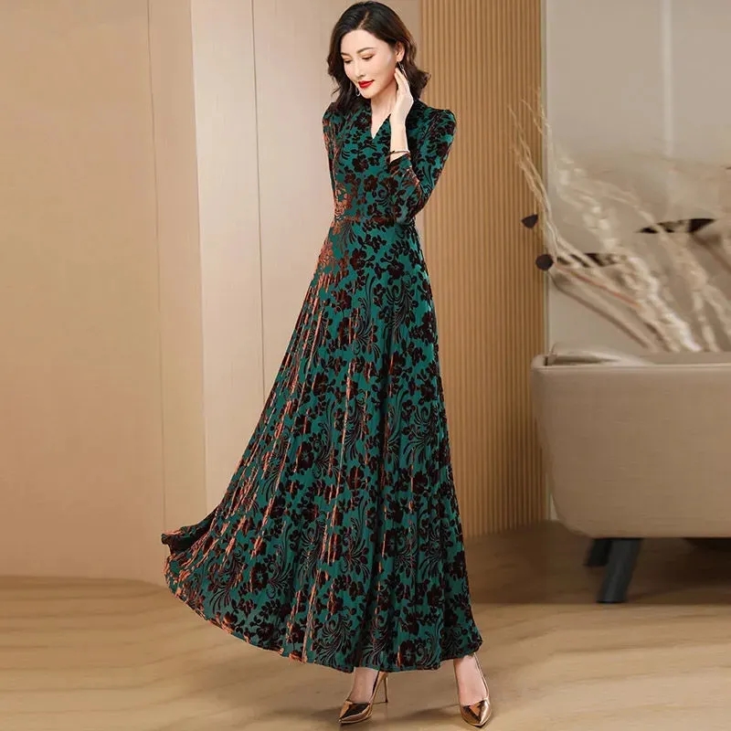 春秋の新ゴールドベルベット長袖ドレス女性のためのハイグレード - Women'S Green Formal Wear のレビューと価格