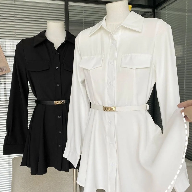 レディース ブラック シャツドレス 長袖 ベルト付き シャツ - Women Formal Wear Stitching のレビューと価格