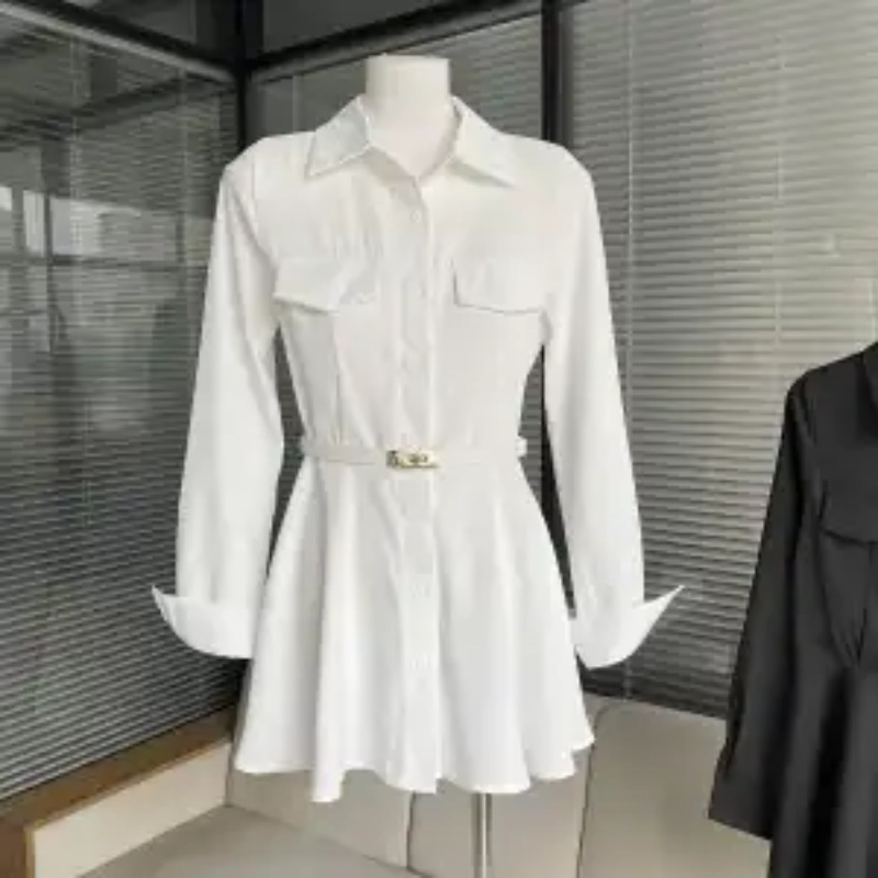レディース ブラック シャツドレス 長袖 ベルト付き シャツ - Women Formal Wear Stitching のレビューと価格