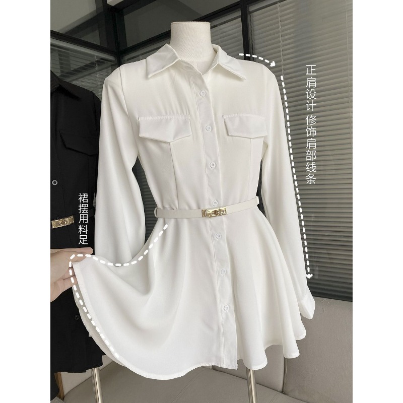レディース ブラック シャツドレス 長袖 ベルト付き シャツ - Women Formal Wear Stitching のレビューと価格