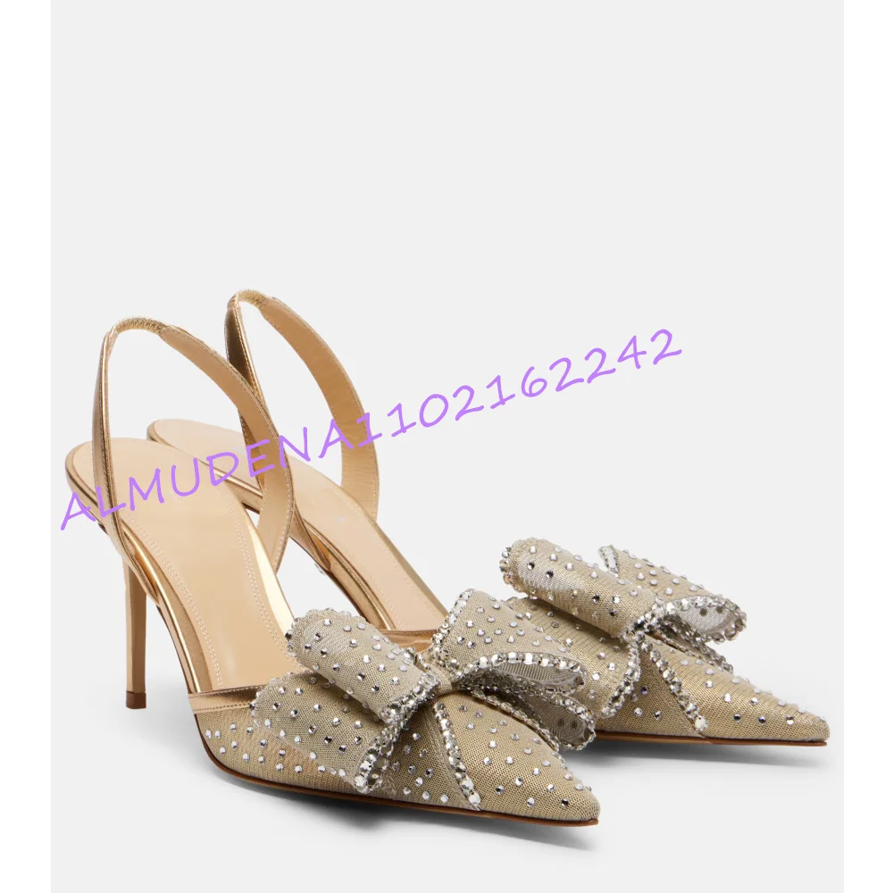 女性用シャンパンメッシュラインストーンボウスリングバックパン - Slingback Heel Formal のレビューと価格