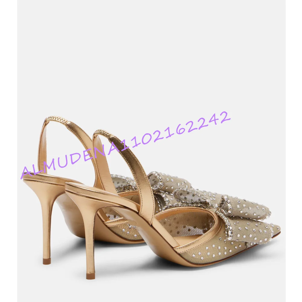 女性用シャンパンメッシュラインストーンボウスリングバックパン - Slingback Heel Formal のレビューと価格
