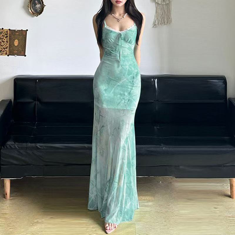 夏のビーチロングドレス女性レースメッシュパッチワークスリムフ - Women'S Green Formal Wear のレビューと価格