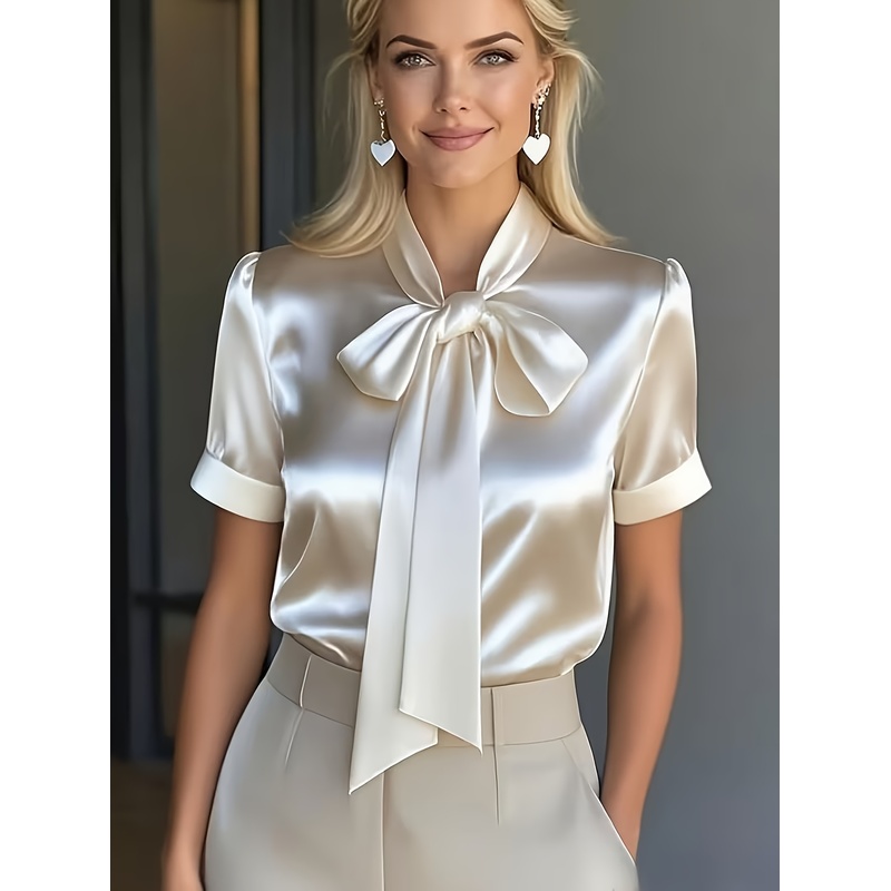 女性用エレガントなショートスリーブシャツ、蝶ネクタイ襟付き、 - Women Formal Wear Stitching のレビューと価格