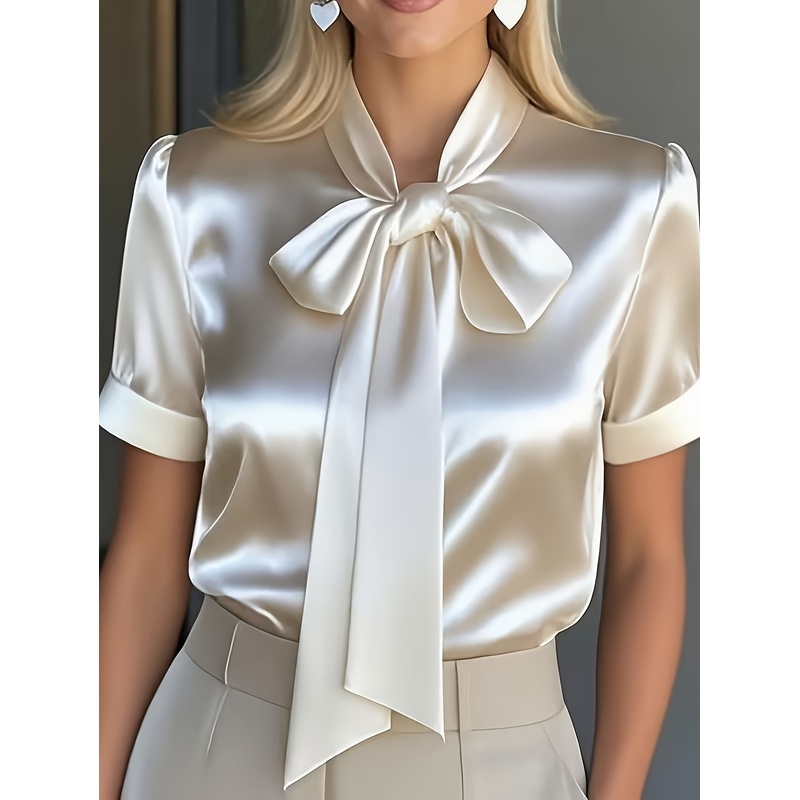 女性用エレガントなショートスリーブシャツ、蝶ネクタイ襟付き、 - Women Formal Wear Stitching のレビューと価格