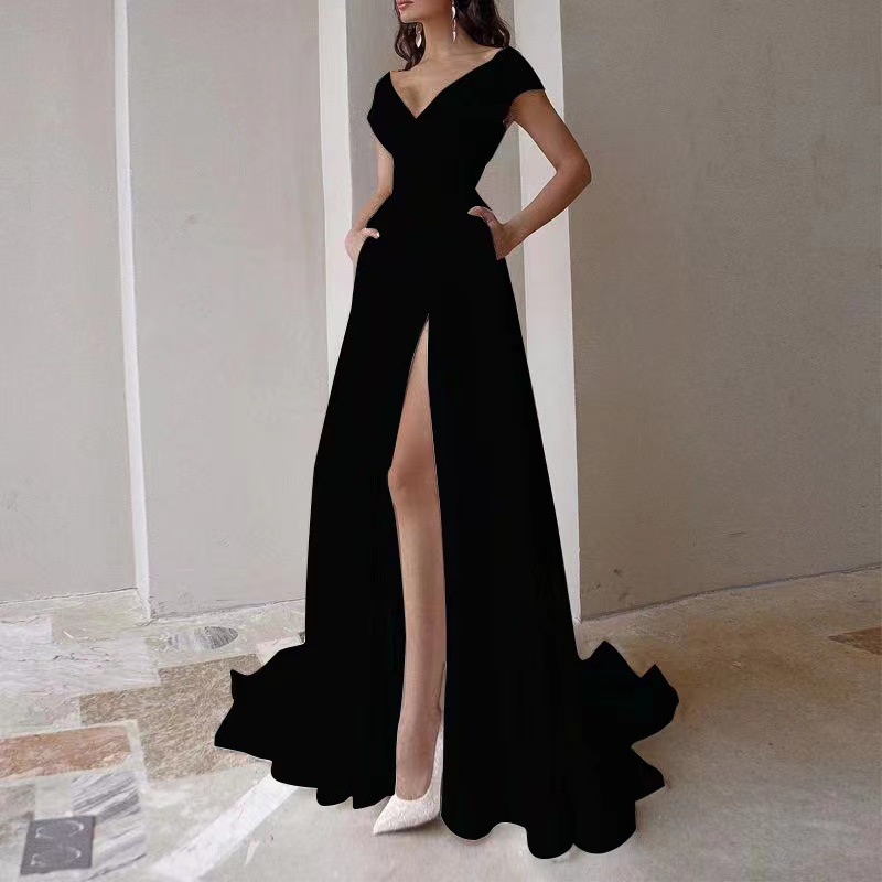 新しいエレガントなフロア丈レディースドレス、セクシーなスリッ - Women Formal Wear Black And White のレビューと価格